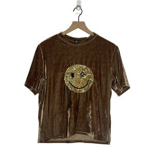 Believe Sequin Smiley Top Women's Size Medium Brown Velvet Short Sleeve Casual